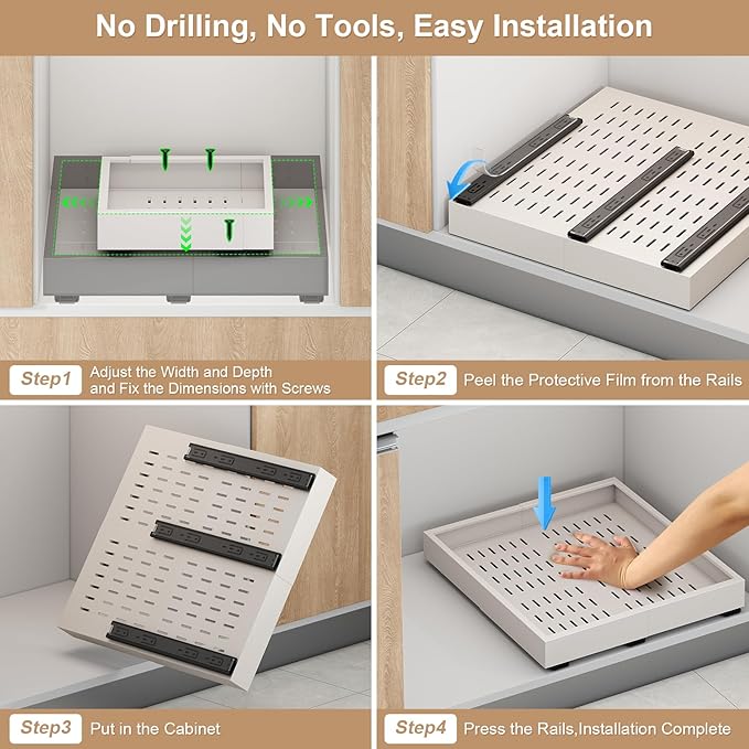 2Pc Pull out Cabinet Organizer,Width (18"-25") and Depth (10"-13") Expandable,No Drill Adjustable Slide out Drawers for Pantry,Adhesive Roll out Shelves Short,for upper cabinet,White