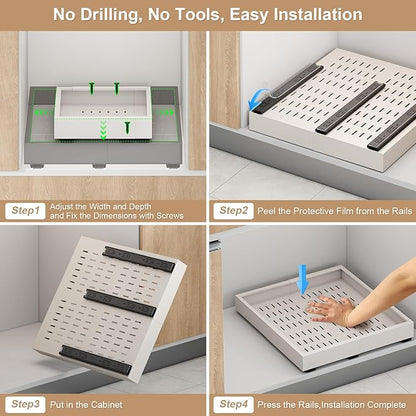 2Pc Pull out Cabinet Organizer,Width (11"-16") and Depth(13"-17"),Expandable With 3 Rails, Cabinet Roll out Drawers,Adjustable Slide out shelves for Kitchen and Pantry,for Cabinets Without Lip,White
