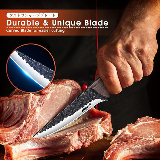 Huusk Boning Knife for Meat Cutting - Japanese High Carbon Steel Fillet Knife - Hand Forged Trimming Knives - Chef Knives for Meat, Fish, Poultry, Grilling Gifts for Men and Women