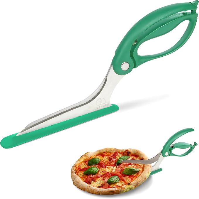 Green Pizza Scissors - Non-Stick Pizza Scissors with Firm Grip Base - Food Grade Stainless Steel Pizza Cutter - 5-in-1 Food Slicer & Pizza Server - Durable, Safe & Mess Free