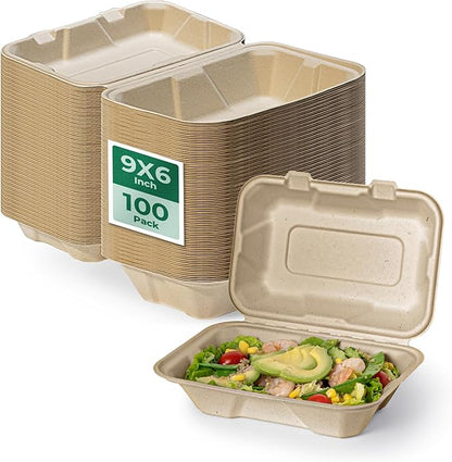 Fit Meal Prep 600 Pack 9x6 Compostable To Go Food Containers, Disposable To Go Boxes for Food, Clamshell Take Out Containers with lids, Eco Friendly Biodegradable, PFAS-Free, Bagasse, Microwave Safe