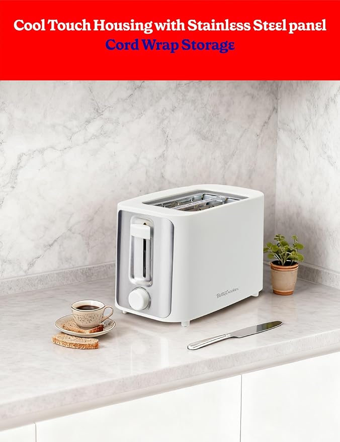 Betty Crocker 2-Slice Toaster, 900W, Variable Toast Shade Control, High Lift Feature, Cool Touch Housing, Bread Centering Guides, Drop Down Crumb Tray, BC-5632W, White