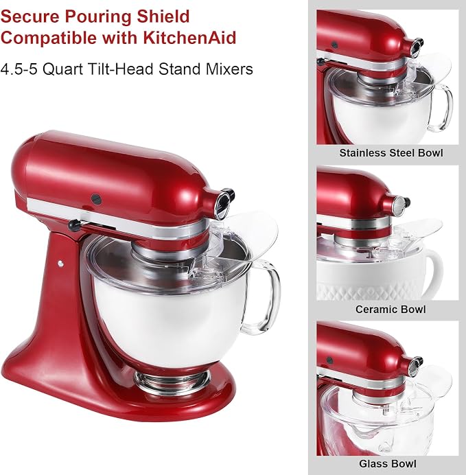 Pouring Shield for KitchenAid 4.5-5 Quart Tilt-Head Stand Mixers, Splash Guard with Removable Pour Spout, Fits Stainless Steel, Glass & Ceramic Mixer Bowls