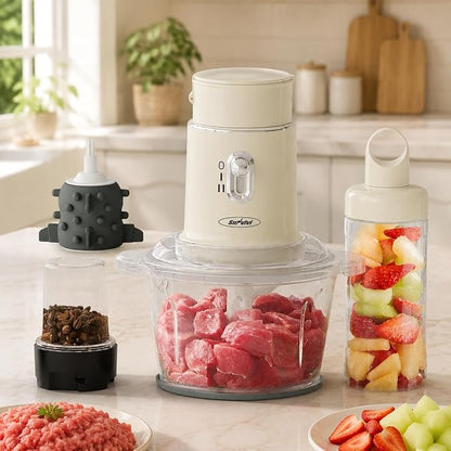 Sunvivi 4-in-1 Electric Food Chopper & Small Food Processor, Meat Grinder, Garlic Peeler & Juicer, 2-Speed Mini Food Processor with 1.5L Glass Bowl and 2 Cups (0.4L+0.2L), Beige