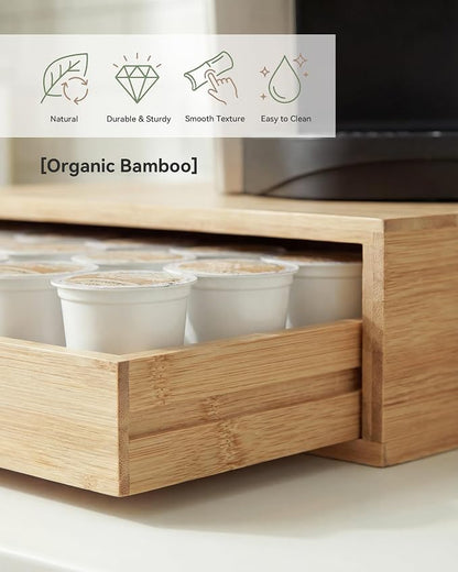 Bamboo Coffee Pod Drawer Organizer Compatible with K-Cups, Under Cabinet Coffee Station Storage Rack, Natural Wood Capsule Holder for 36 Pods, Countertop Coffee Machine Stand