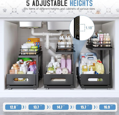 Under Sink Organizer Upgrade To Professional Rails,2-Tier Dual Pull Out Cabinet Storage,Height Adjustable Slide Out Drawers For Bathroom Kitchen,2 Pack-18.5"Dx12.8"-16.9"H,Black