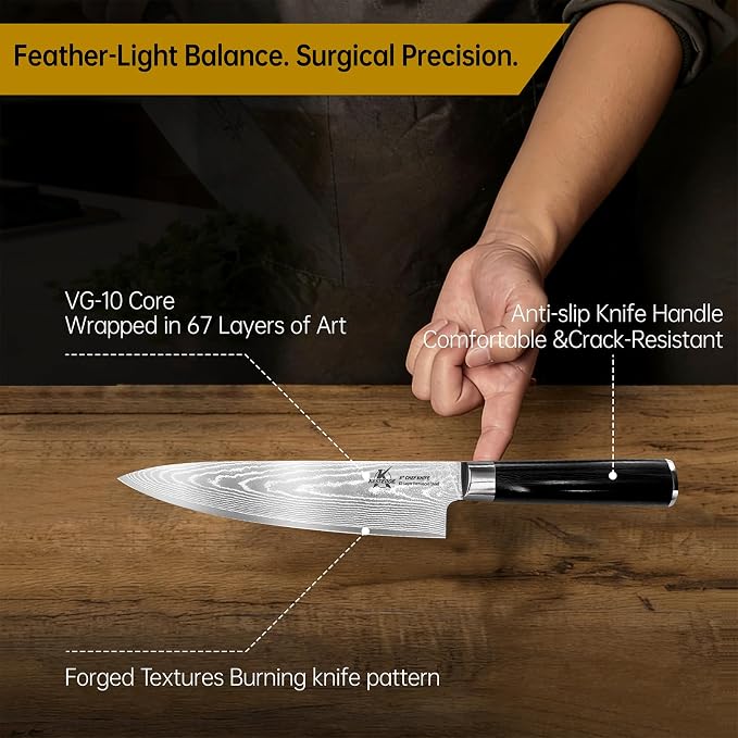 8 Inch Chef Knife VG10 Damascus - Ultra Sharp G10 Handle | Ultra sharp VG10 chef knife, Damascus non-stick blade, military-grade G10 grip, rust resistant, perfect for meal prep
