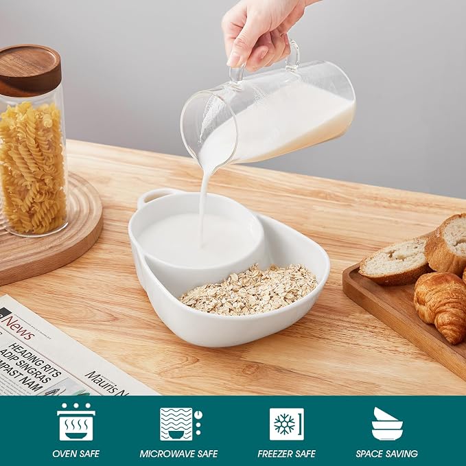 vancasso Starry Chip and Dip Bowl, Anti-Soggy Cereal Bowl, Soup and Sandwich Plate Combo, Breakfast Powls, Divided Snack Bowls Gifts for Wedding Housewarming Party, 2 Pack(White)