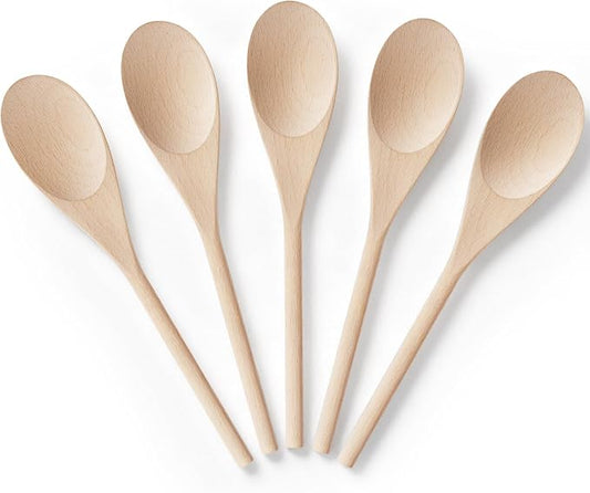 Wooden Spoons for Cooking, MORGLES 10-Inch Serving Spoons for Stirring Mixing Serving Long Handle Plastic Free Reusable Non Scratch Dishwasher Safe, 5PCS