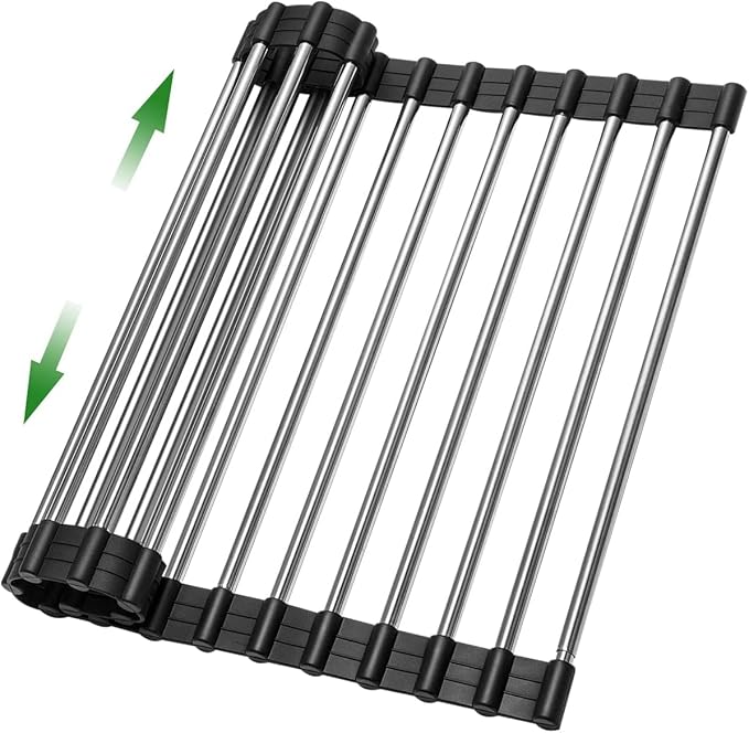 Expandable Roll Up Dish Drying Rack Over The Sink Rack, Foldable Dish Drainer Rack Stainless Steel for Large Sink, Silicone Rollable Collapsible Rack 18 Tube for Kitchen(Sliver,12.8'' to 21.25”)