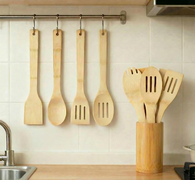 Bamboo Cooking Utensils 8-Piece, Wooden Kitchen Tools with Holder, Non-Toxic Natural Spatula & Spoon Kit with Turner, Slotted Spoon, Ladle, Tongs & Salad Fork