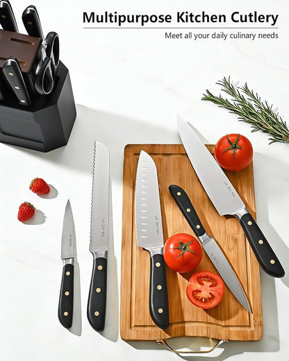 14-Piece Kitchen Knife Set with Detachable Block, High Carbon Stainless Steel Dishwasher Safe Knives, Includes Chef, Santoku, Bread, Steak Knives for Home Kitchen, Black