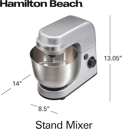 Hamilton Beach Electric Stand Mixer, 4 Quarts, Dough Hook, Flat Beater Attachments, Splash Guard 7 Speeds with Whisk, Silver