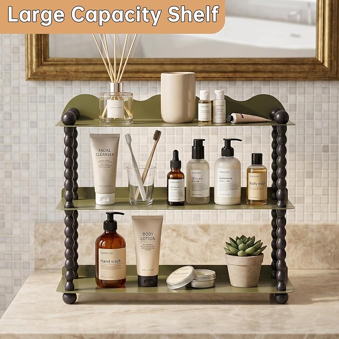 3-Tier Kitchen Countertop Organizer, Vintage Metal Spice Rack, Multi-Purpose Bathroom Counter Organizer, Rustic Countertop Storage Shelf for Mug, Cosmetics, Coffee Station and Vanity Decor