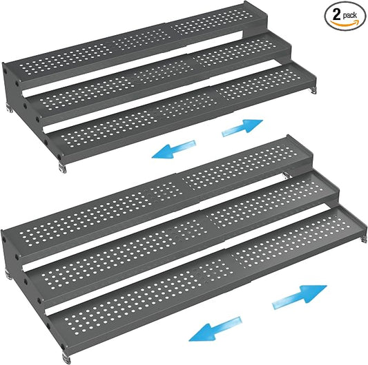 Expandable Spice Rack organizer with 3-Tier step shelf,Modern Design heavy duty,Non Skid and Visibility,Great for Kitchen Cabinet, Pantry and more(2PACKS/GUN-GREY)