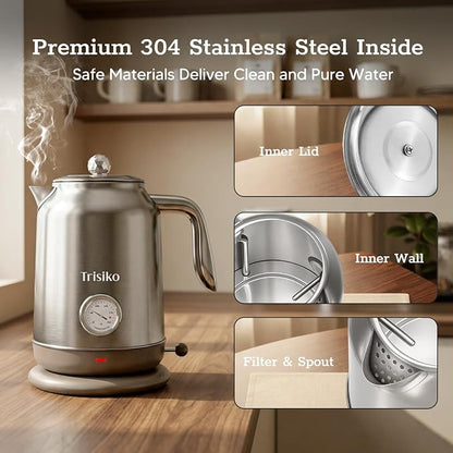 1.7L Large Electric Kettle with Thermometer,57.oz Electric Tea kettle with Automatically Shut Off,304 Stainless Steel,1200W Hot Water Kettle Electric for Coffee&Tea (Chrome)