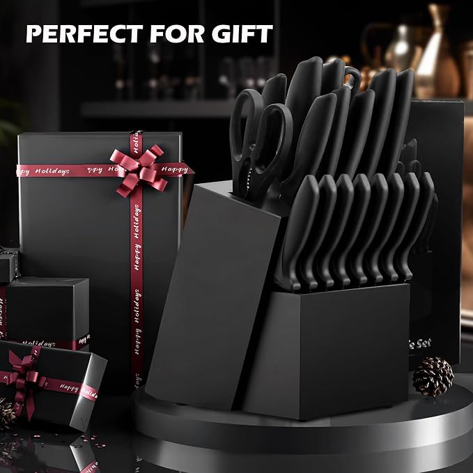 Knife Set, KroWallu 20 Pieces Knife Sets for Kitchen with Block, Dishwasher Safe Kitchen Knife Set with Built-in Sharpener, German Stainless Steel Black Knife Block Set