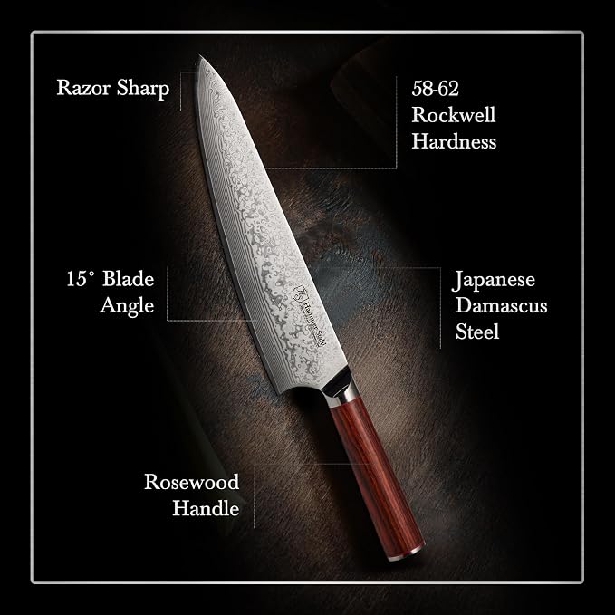 Hammer Stahl 9 Inch Damascus Chef Knife | Professional Kitchen Knife with Rosewood Handle | Damascus Cooking Knife Japanese Forged 67-Layer AUS10 Steel | Full-Tang Japanese Style Chef Knife with Gift