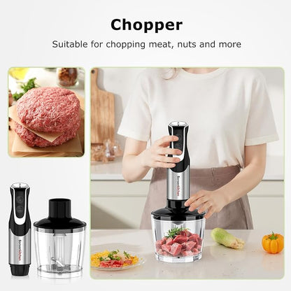Bonsenkitchen 4-in-1 Immersion Blender Handheld with Food Processor, 12 Speeds Hand Blender with Turbo Mode, Stainless Steel Blade, Egg Whisk, Beaker & Chopper Bowl, Stick Mixer for Smoothie, Puree