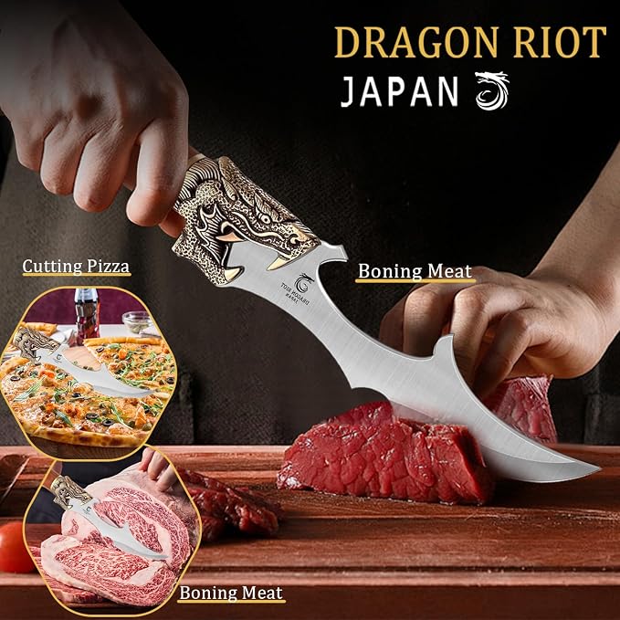 DRAGON RIOT Kitchen Meat Cleaver Knife for Cutting, Professional Butcher Knife Outdoor Kitchen for Meat Cutting Vegetable Slicing - Premium Steel, Leather Sheath, Ideal Gift