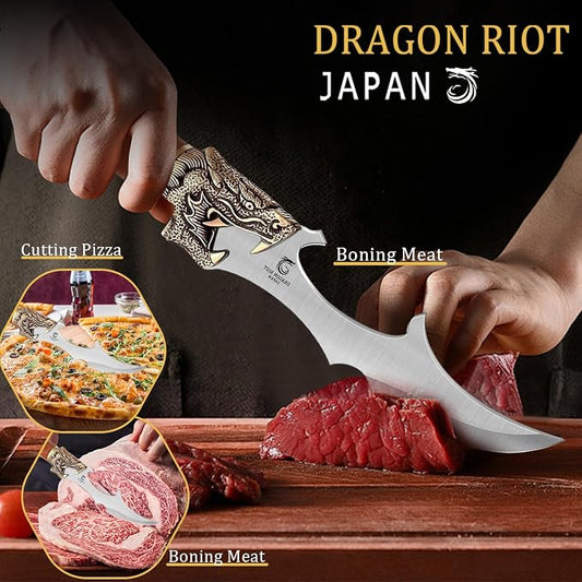 DRAGON RIOT Kitchen Meat Cleaver Knife for Cutting, Professional Butcher Knife Outdoor Kitchen for Meat Cutting Vegetable Slicing - Premium Steel, Leather Sheath, Ideal Gift