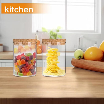 Airtight Glass Storage Containers with cork Lid, for Kitchen Pantry Organization and Storage jar，Ideal for Coffee Beans Snacks Flour Cereal Sugar Tea 21oz. (Circular 4.7 * 3.3in*4pcs)