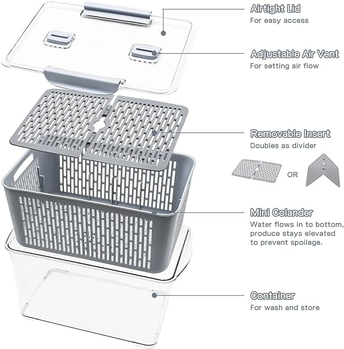 Fistone Fresh Produce Fruit Vegetable Storage Containers 3Piece Set, BPA-Free Fridge Storage Container with Lid & Colander, Fridge Organizers, Keep Fresh for Produce,Fruit and Vegetable