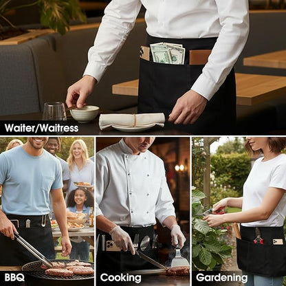 BOHARERS 6 Pack Server Apron with 3 Pockets Black Waitress Aprons Half Waiter Bistro Apron Waist Aprons Waterproof