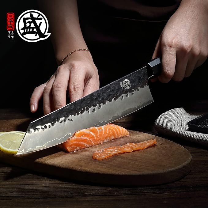 MITSUMOTO SAKARI 9-Inch Japanese Kiritsuke Chef Knife, 9Cr18MoV Steel | Angled tip and long flat edge for slicing, 3-layer 9Cr18MoV steel, rosewood handle, sandalwood box