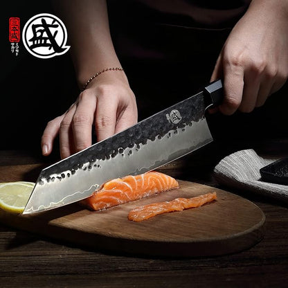 MITSUMOTO SAKARI 9-Inch Japanese Kiritsuke Chef Knife, 9Cr18MoV Steel | Angled tip and long flat edge for slicing, 3-layer 9Cr18MoV steel, rosewood handle, sandalwood box