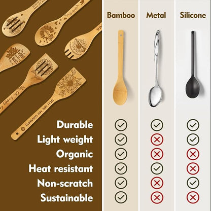 6Pcs Sunflower Engraved Bamboo Spoons Set Kitchen Gifts for Women, You Are My Sunshine Christian Inspired Encouragement Gifts for Mon Grandma, Housewarming & Special Occasion Present