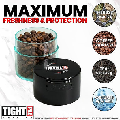 TIGHTPAC MINIVAC Portable Vacuum Seal Airtight Container – Keeps Coffee Beans, Grounds, Tea, Spices & Herbs Fresh Longer – Travel-Ready, NSF-Certified Food-Grade Storage, 10 to 30 Grams, Black/Clear