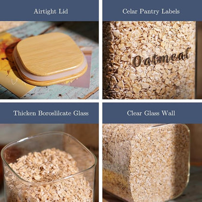 6 Pcs Square Glass Pantry Storage Containers with Bamboo Airtight Lid and 248 Clear Pantry Labels Preprinted - 24oz Thicken Glass Food Storage Jars for Coffee, Cookie, Tea, Sugar, Spice