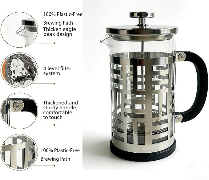 French Press Coffee Maker 34 oz, Glass Coffee Press with 316 Stainless Steel Filter, Plastic-Free Brewer for Coffee, Cold Brew,Tea & Cocoa, With Extra Filter