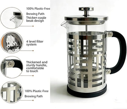 French Press Coffee Maker 34 oz, Glass Coffee Press with 316 Stainless Steel Filter, Plastic-Free Brewer for Coffee, Cold Brew,Tea & Cocoa, With Extra Filter