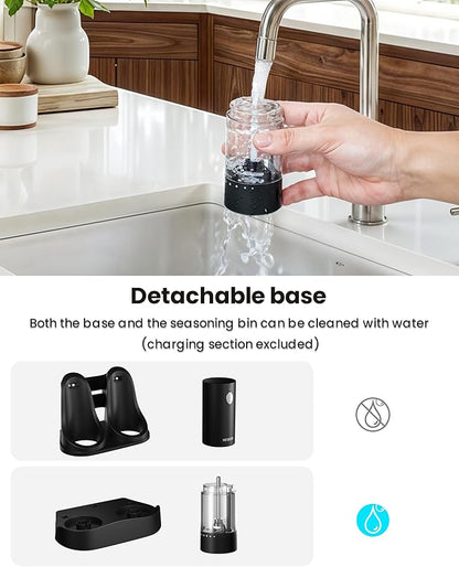 Electric Salt and Pepper Grinder Set with Rechargeable Base - Automatic Refillable Electric Salt and Pepper Shakers with Large Capacity, LED Light & Adjustable Coarseness, Black
