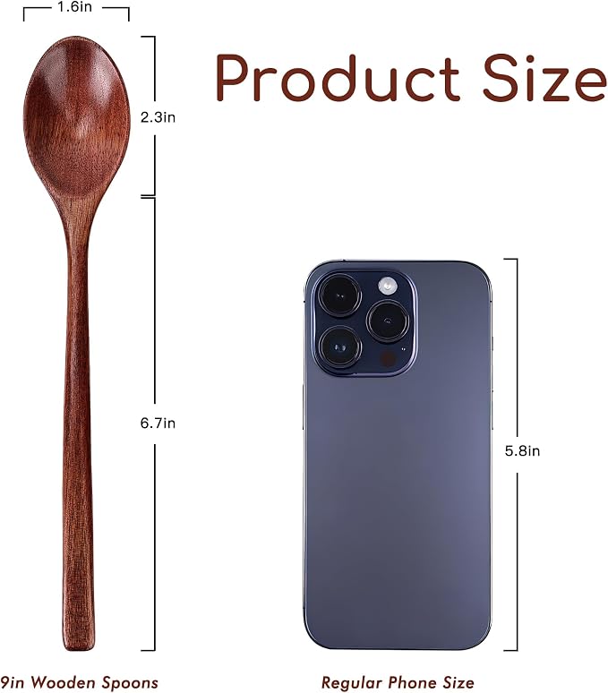 6pcs 9in Wooden Spoons, Soup Spoons Set, Long Handle Wooden Utensils for Cooking, Tasting, Serving, Stirring and Mixing (6pcs 9in)