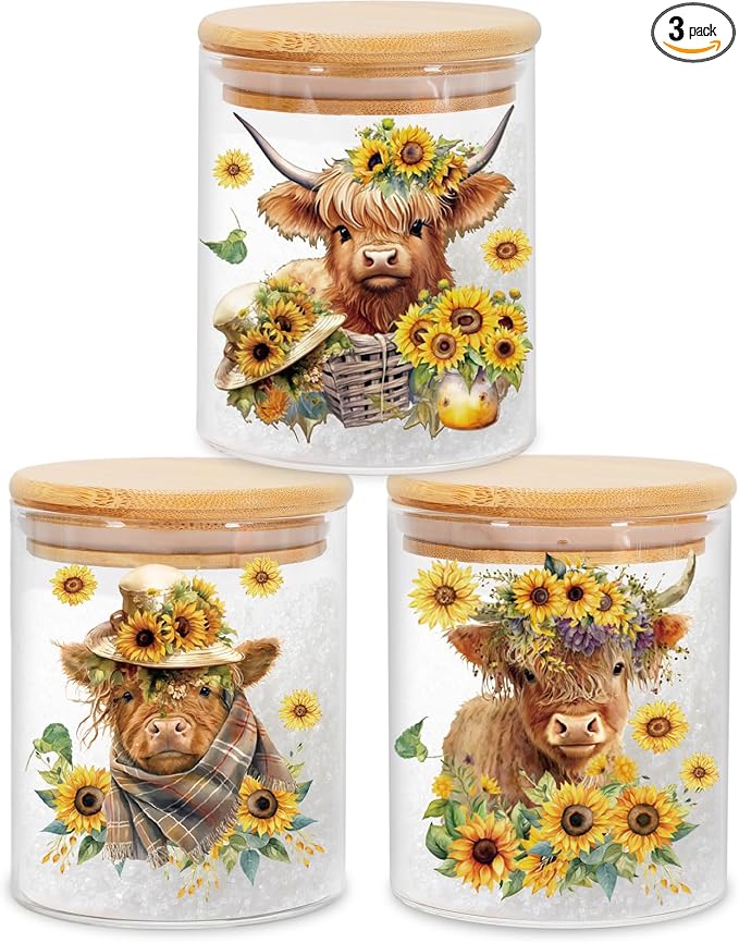 JarThenaAMCS 3Pcs Highland Cow Sunflower Glass Storage Jars With Airtight Lid Cattle Floral Decorative Canisters Sets for Cookie Spring Summer Farmhouse Home Kitchen Countertop