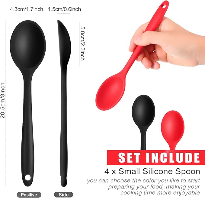 Patelai 4 Pieces Small Silicone Cooking Spoons 8 Inch Heat Resistant Silicone Serving Stirring Spoon for Kitchen Nonstick Cooking Tool Basting Utensils Dishwasher Safe(Red, Black)