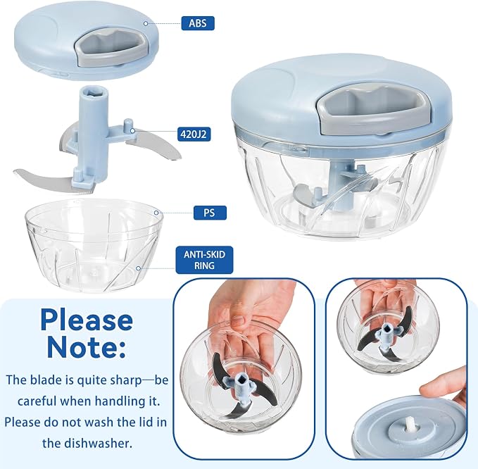 Manual Food Processor Vegetable Chopper, Portable Hand Pull String Garlic Mincer Onion Cutter for Veggies, Suitable for Vegetables, Ginger, Garlic, Fruits, Onion, Potato, Salad (Blue 500 ml)