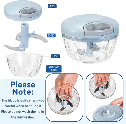 Manual Food Processor Vegetable Chopper, Portable Hand Pull String Garlic Mincer Onion Cutter for Veggies, Suitable for Vegetables, Ginger, Garlic, Fruits, Onion, Potato, Salad (Blue 500 ml)