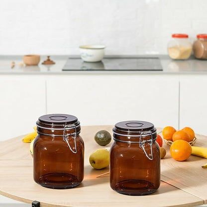 Norme 6 Pack 34oz Amber Airtight Glass Jars with Lids, Square Food Storage Container Airtight Food Wire Clip Fastening for Sauerkraut Flour Kitchen Sugar Cereal Kitchen Canning Pickling Mason Jars