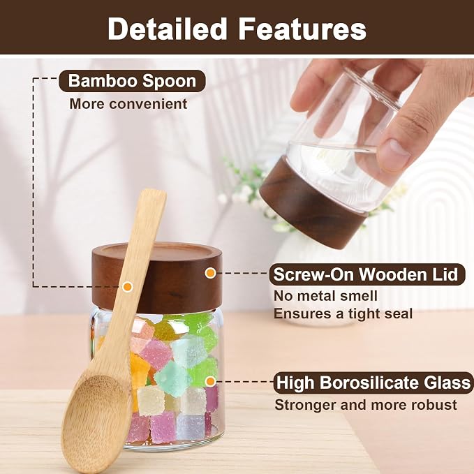 5oz Glass Jars with Wood Lids, 2 Pack 160ml Clear Glass Mason Jars with Airtight Wooden Lids, Screw Top Coffee Canister, Kitchen Pantry Storage Containers for Sugar, Spice, Tea, Candy, Nuts