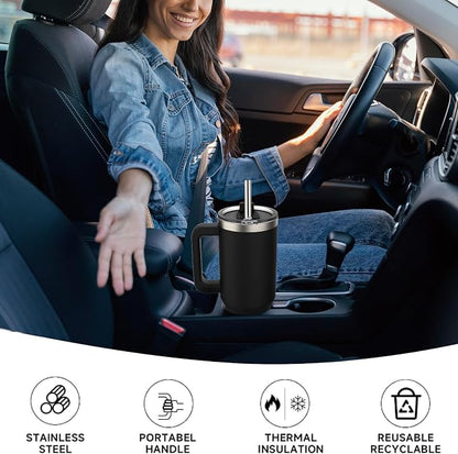 40 oz Tumbler with Handle,Tumbler with Lid and Straw,Double Wall Insulated Cup Stainless Steel Travel Mug(Cold for 34 Hours),Water Bottle for Iced Tea,Coffee,Cold Beverages(Black)