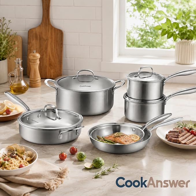 10-Piece Tri-Ply Stainless Steel Cookware Set - Induction-Ready, Glass Lids,Pots and Pans Kitchen Set, Riveted Handles, Dishwasher Safe, Compatible with All Cooktops