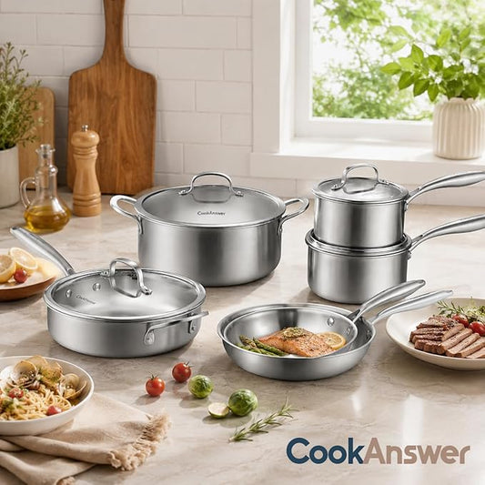 10-Piece Tri-Ply Stainless Steel Cookware Set - Induction-Ready, Glass Lids,Pots and Pans Kitchen Set, Riveted Handles, Dishwasher Safe, Compatible with All Cooktops