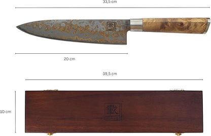 zayiko Damascus Chef Knife 8.8 Inch, VG10 Core Kitchen Knife for Meat, Fish & Vegetables, 67-Layer Copper Damascus Steel, Maple Root Wood Handle, Wooden Gift Box