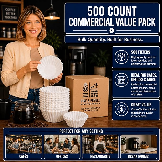 Pine & Pebble® 12-Cup Large Commercial Coffee Filters, 500 Count | Tall-Walled Basket Style (9.84" x 4.33") | No Grounds, No Mess | Fits BUNN & Standard Coffee Makers | Bulk for Cafés & Offices