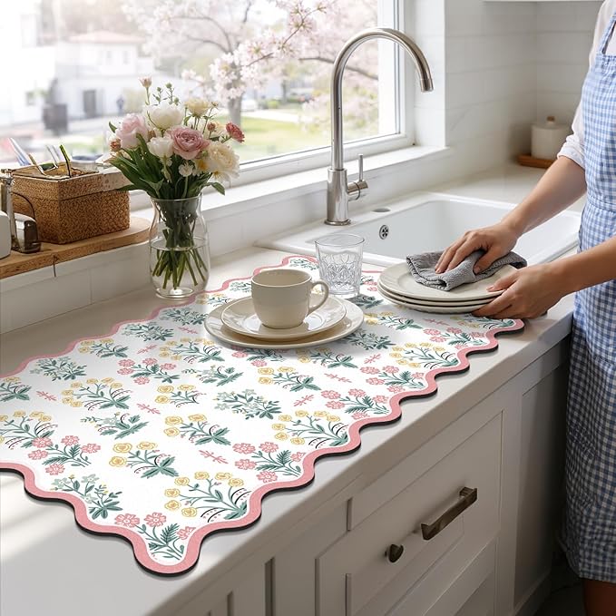 LOKHOM Scalloped Floral Dish Drying Mat, 17"x32" Super Absorbent Coffee Mat with Unique Pink Pastoral Floral, Cuttable Hide Stain Non-slip Drying Mat for Kitchen Counter Coffee Maker Espresso Machine