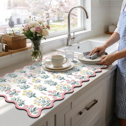 LOKHOM Scalloped Floral Dish Drying Mat, 17"x32" Super Absorbent Coffee Mat with Unique Pink Pastoral Floral, Cuttable Hide Stain Non-slip Drying Mat for Kitchen Counter Coffee Maker Espresso Machine
